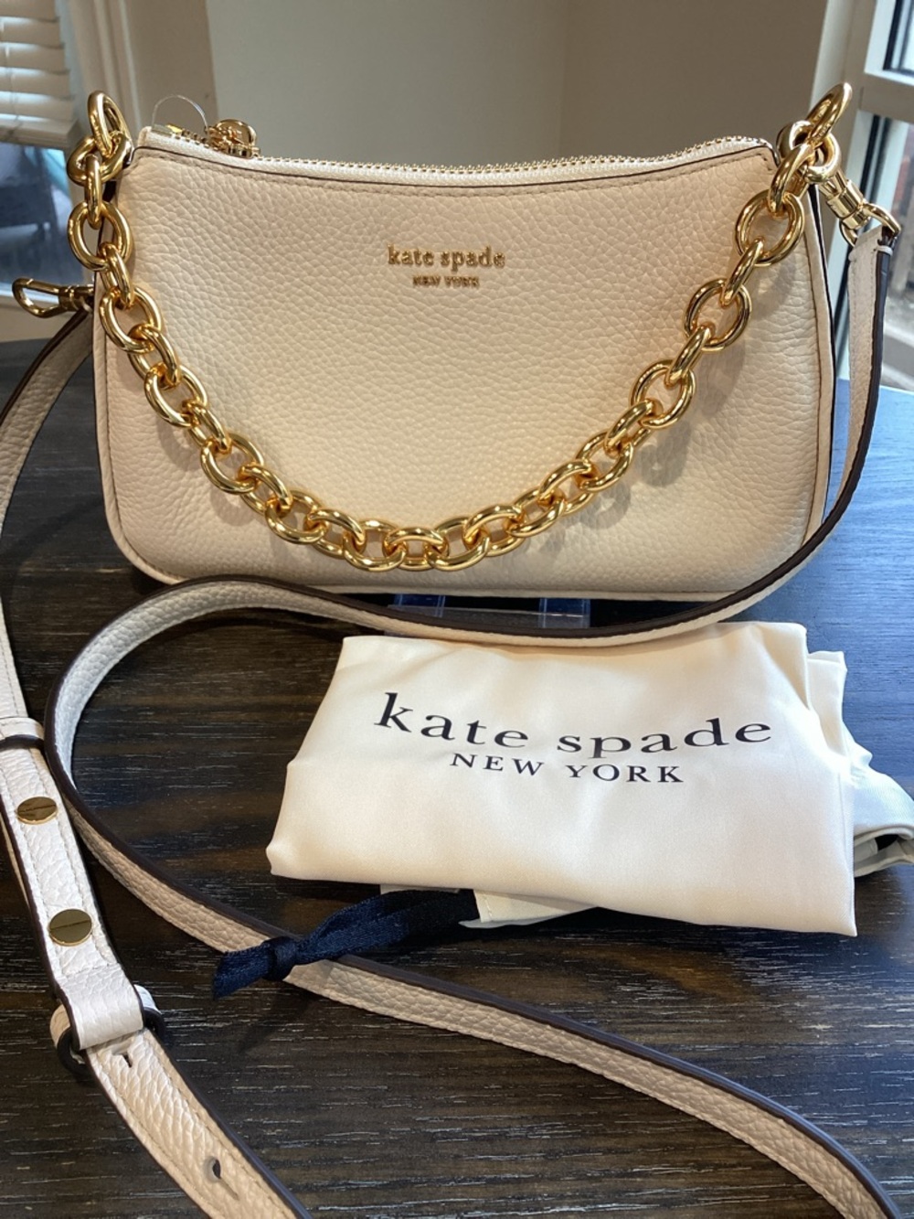Kate Spade Jolie Off White Pebbled Leather Crossbody with Gold Chain